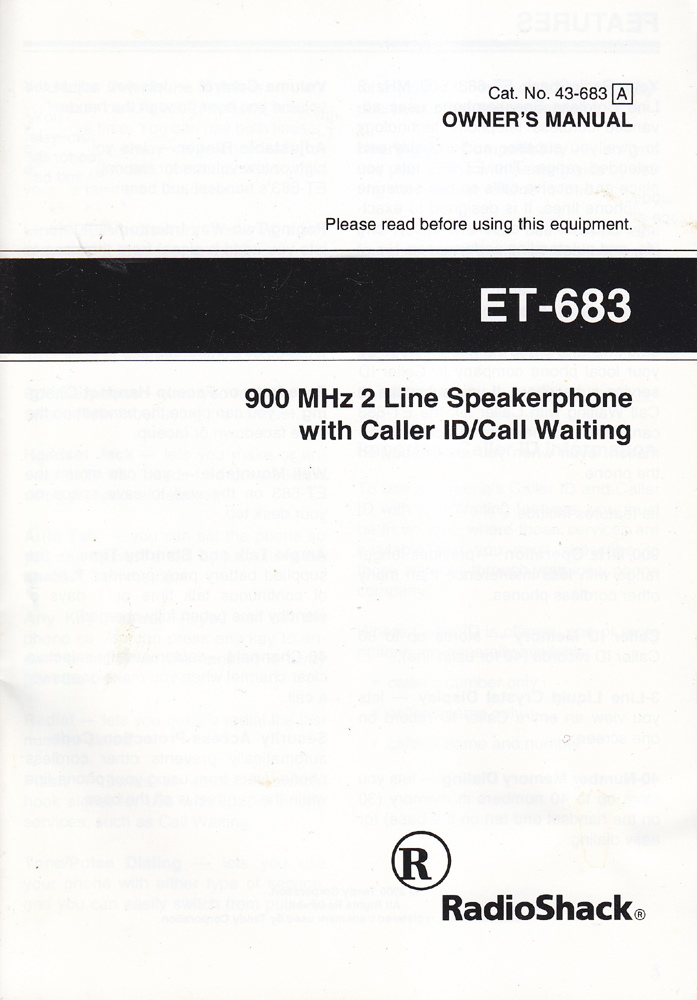 ET-683 900 MHz 2 Line Speakerphone with Caller ID / Call Waiting RadioShack - Radioshack - 2000 - Paperback - Radioshack