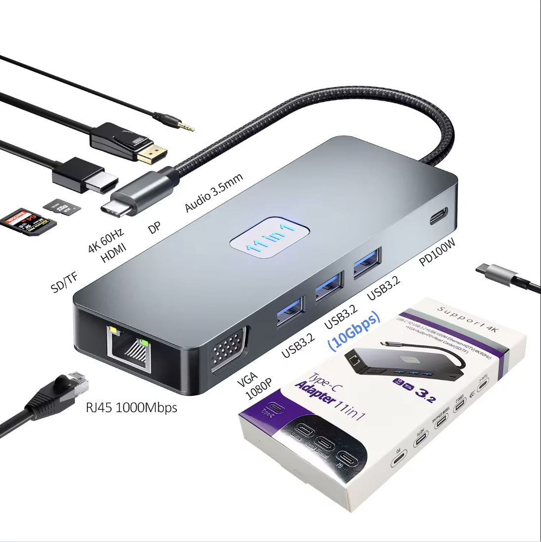 11 in 1 USB Hub, w/ USB C Interface, HDMI, Card Reader, RJ45 - for desktops and laptop computers