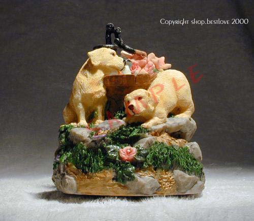 Two Puppy Play Scene Figures With Music Box - Hand Painted